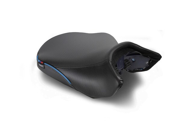Sargent's World Sport Motorcycle Seat for the 2024+ BMW R 1300 GS, Performance Plus Regular Height Front Only with Blue accents.